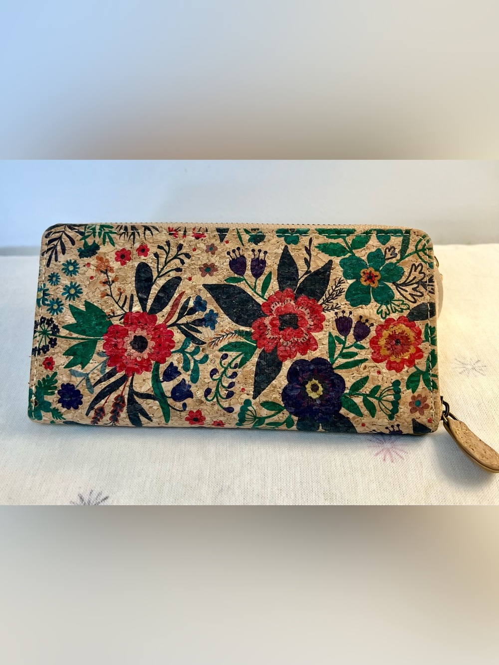 Floral Print Cork Zip Wallet Wristlet- Natural with Multicolor Flowers